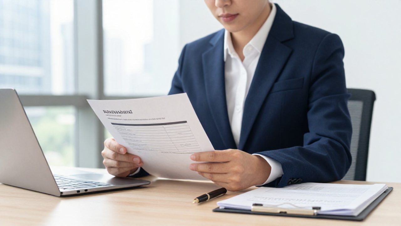 Consultor revisando un manual técnico impreso en un escritorio de una oficina moderna y luminosa.