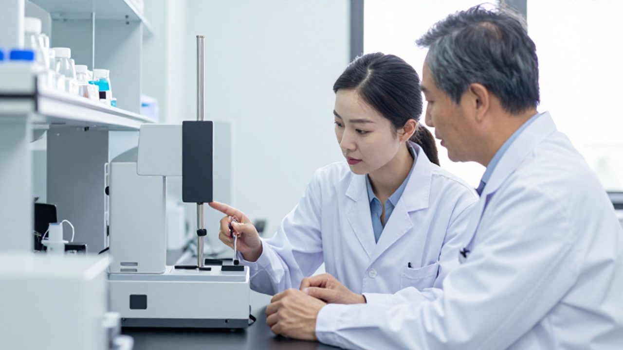 Una técnico de laboratorio recibe capacitación práctica de un mentor mientras este le muestra el uso de un instrumento de precisión en un entorno clínico y organizado.