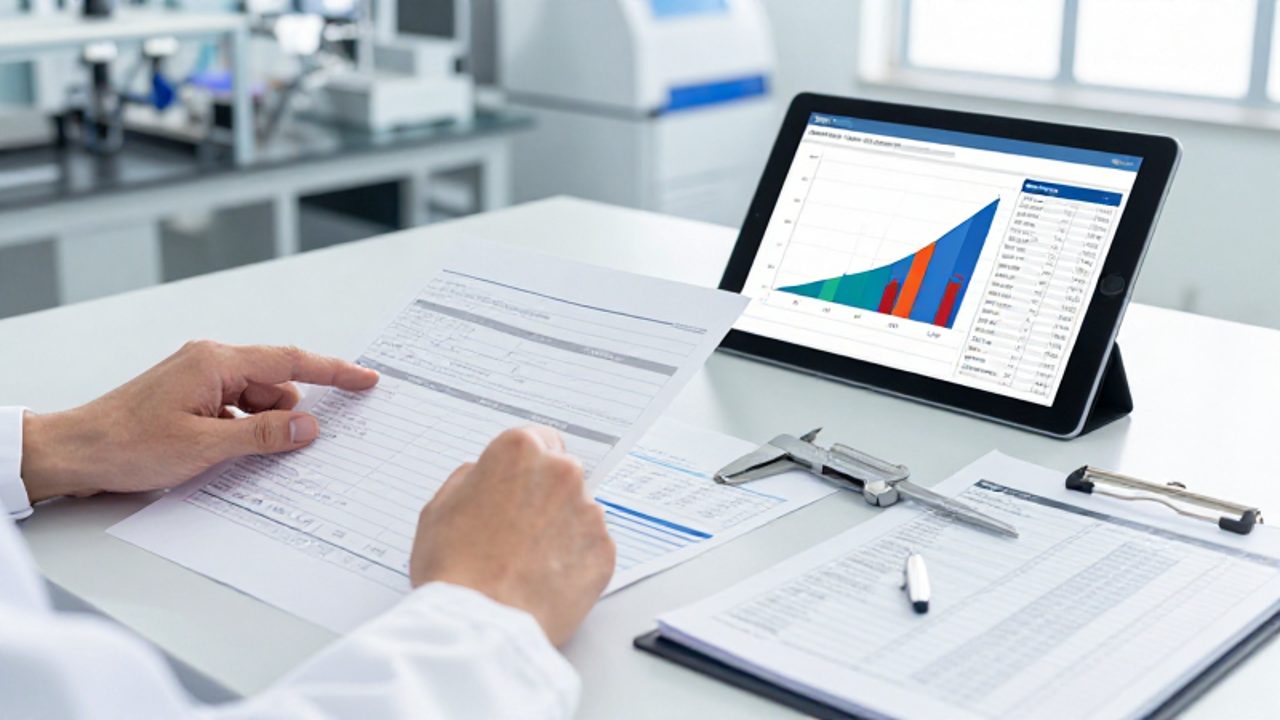 Especialista en control de calidad revisando hojas de datos y un gráfico de Pareto en una tableta dentro de un entorno industrial.