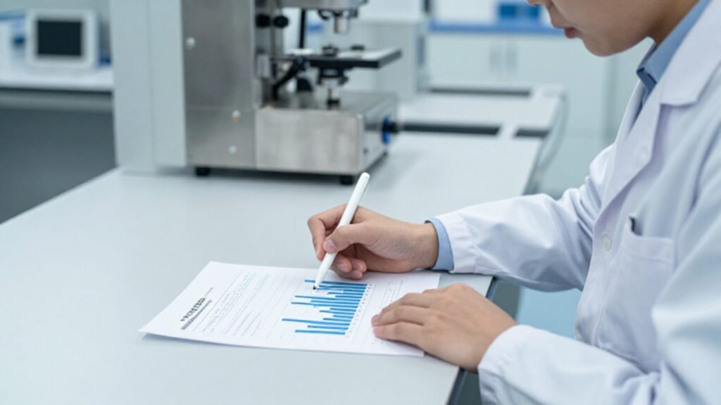 Especialista en control de calidad analizando un diagrama de Pareto y un informe técnico en un laboratorio industrial moderno.