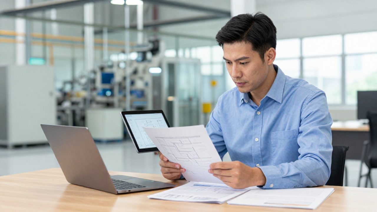 Un gestor de calidad revisa documentación técnica y diagramas de procesos en una oficina industrial moderna con una planta de fabricación al fondo.