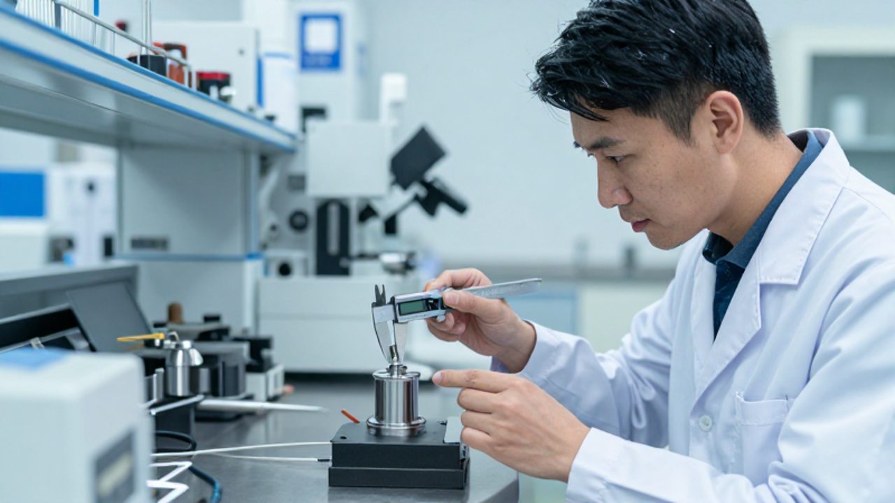 Ingeniero inspeccionando una pieza de alta precisión con un calibre digital en un laboratorio industrial moderno.