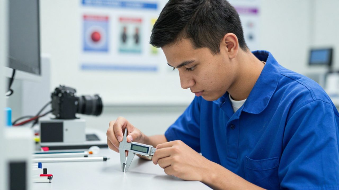 Estudiante técnico concentrado realizando mediciones de precisión con un calibrador digital sobre un banco de trabajo en un laboratorio moderno.