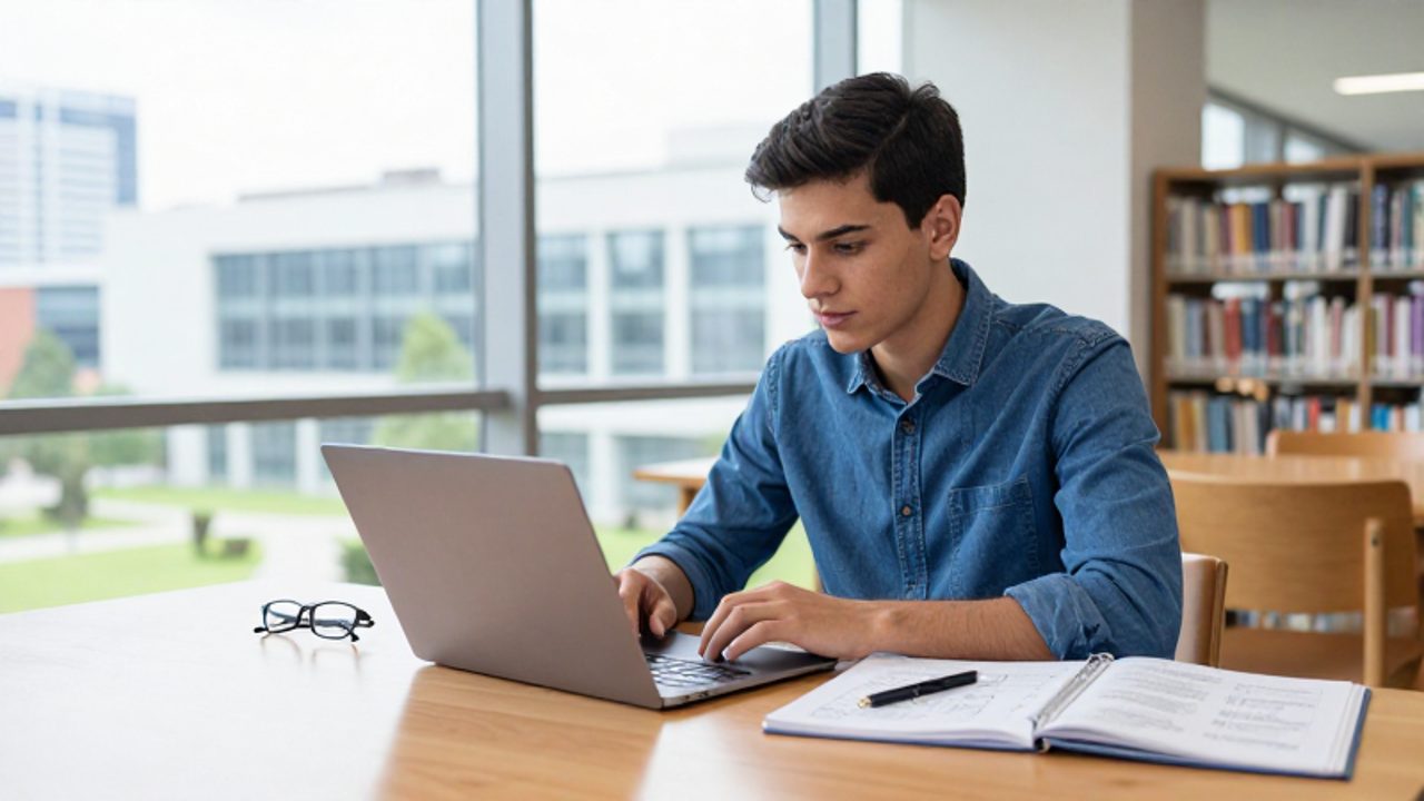 Estudiante concentrado trabajando con un portátil y un manual sobre normas ISO en una biblioteca universitaria moderna.