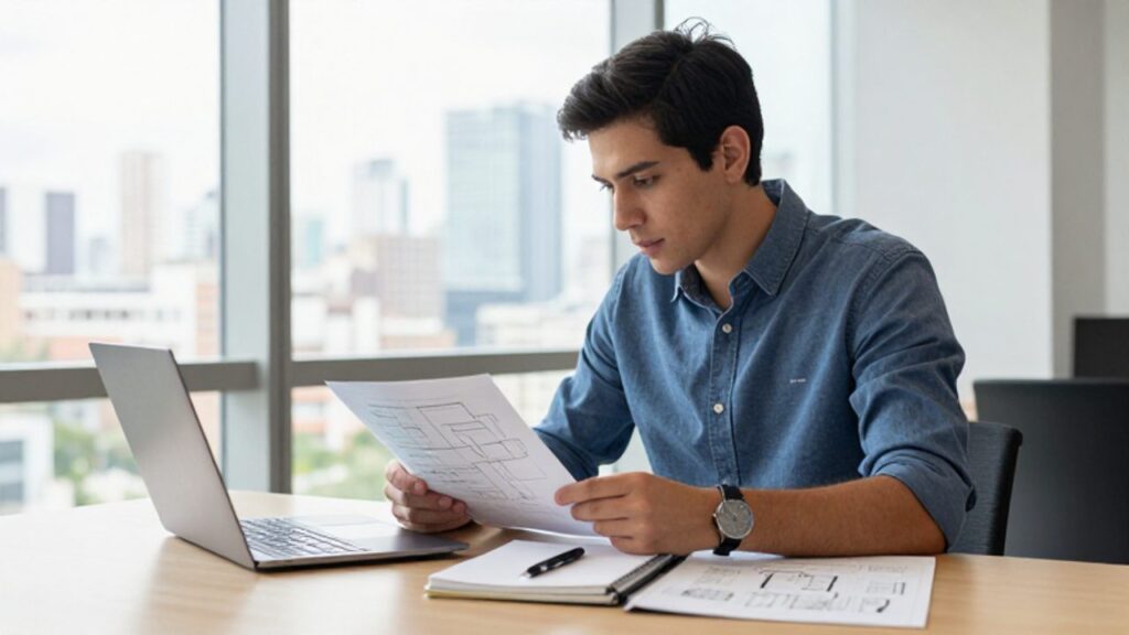 Estudiante joven concentrado revisando documentos técnicos y diagramas de flujo en un escritorio moderno frente a un ventanal urbano.