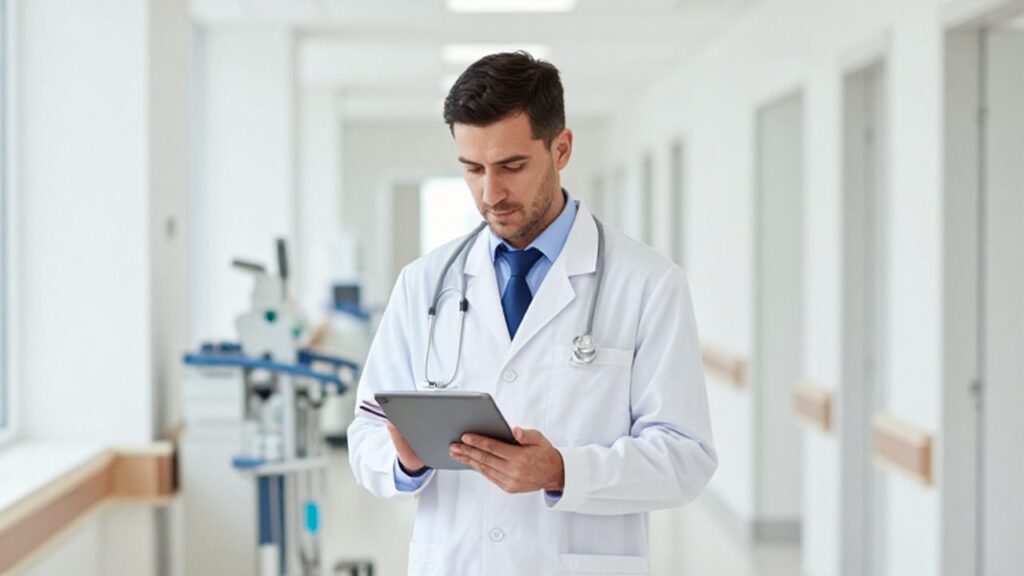Administrador de salud revisando documentos y una tableta digital en un pasillo de hospital moderno y luminoso.