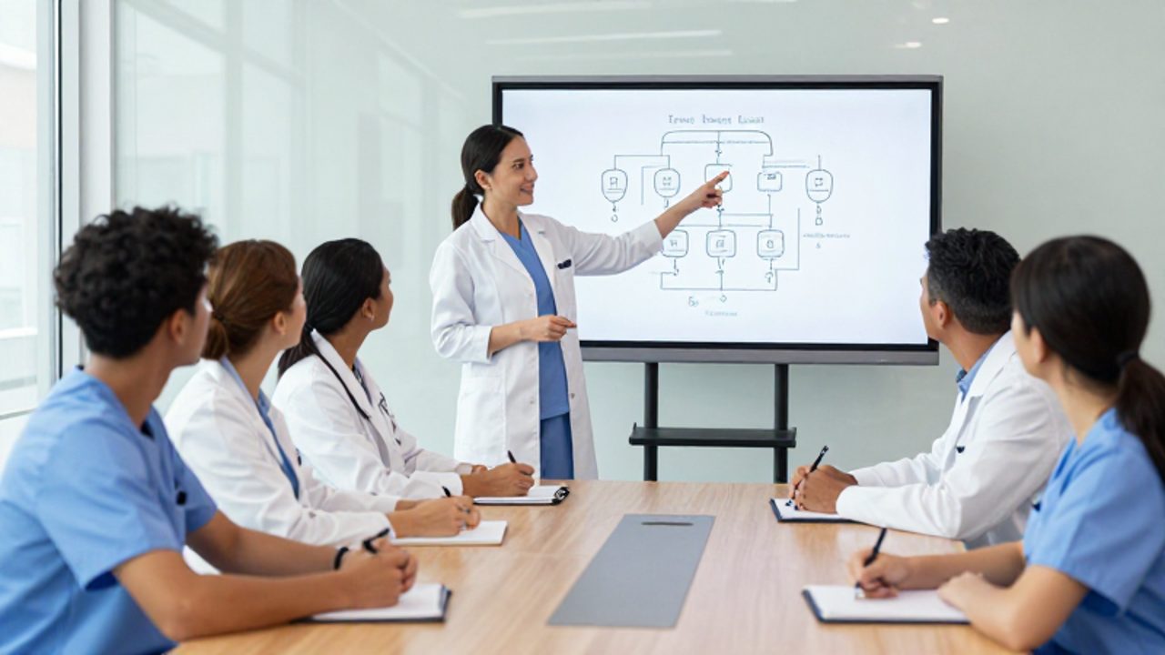Una instructora de salud dirige un taller de capacitación para un grupo de profesionales médicos frente a una pizarra digital con un diagrama de procesos clínicos.