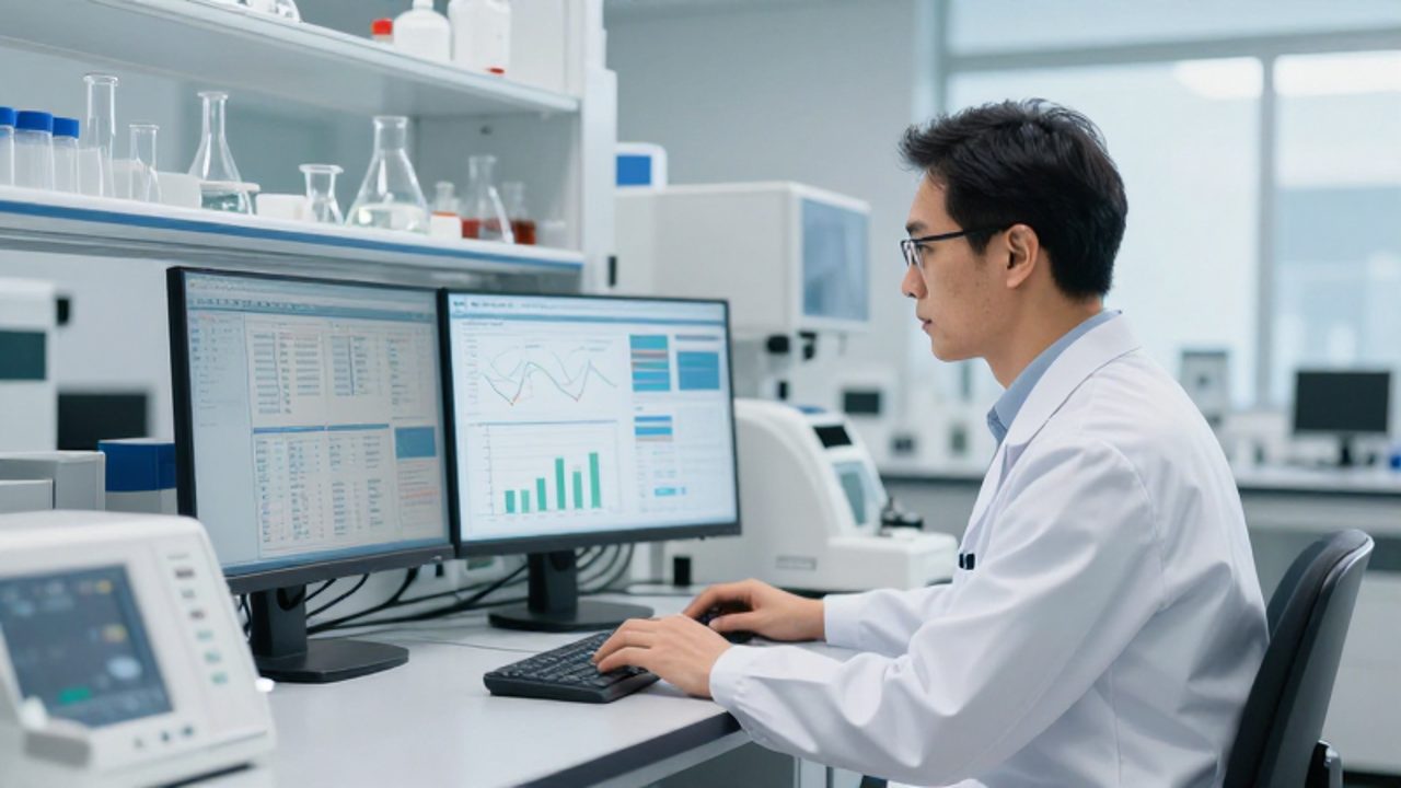 Técnico de laboratorio con bata blanca analiza gráficos y datos de control de calidad en un monitor dentro de un laboratorio moderno.