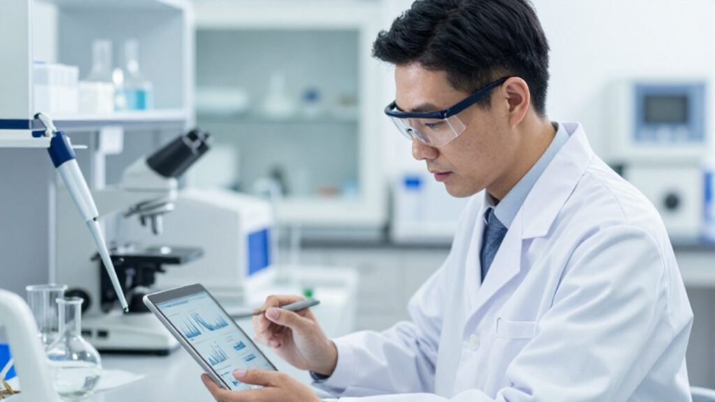 Científico con bata blanca y gafas de seguridad analiza gráficos y datos técnicos en una tableta dentro de un laboratorio moderno.