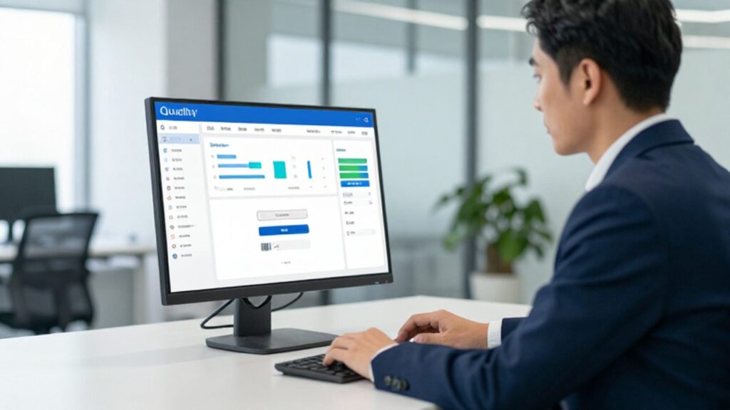 Un gestor de calidad trabaja en una oficina moderna frente a un monitor que muestra el panel de control de un sistema de gestión con gráficos y documentos.