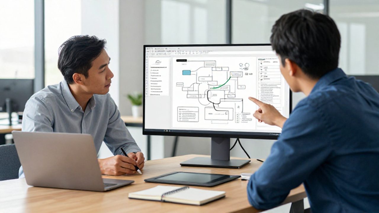 Un ingeniero de software y un gestor de proyectos revisan diagramas de flujo y documentación técnica en un monitor en una oficina moderna.