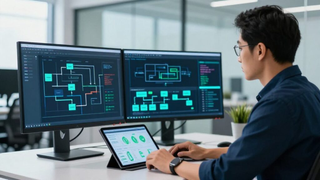 Especialista en calidad de software trabajando frente a monitores que muestran diagramas de flujos de datos y un panel de métricas de rendimiento en una oficina moderna.