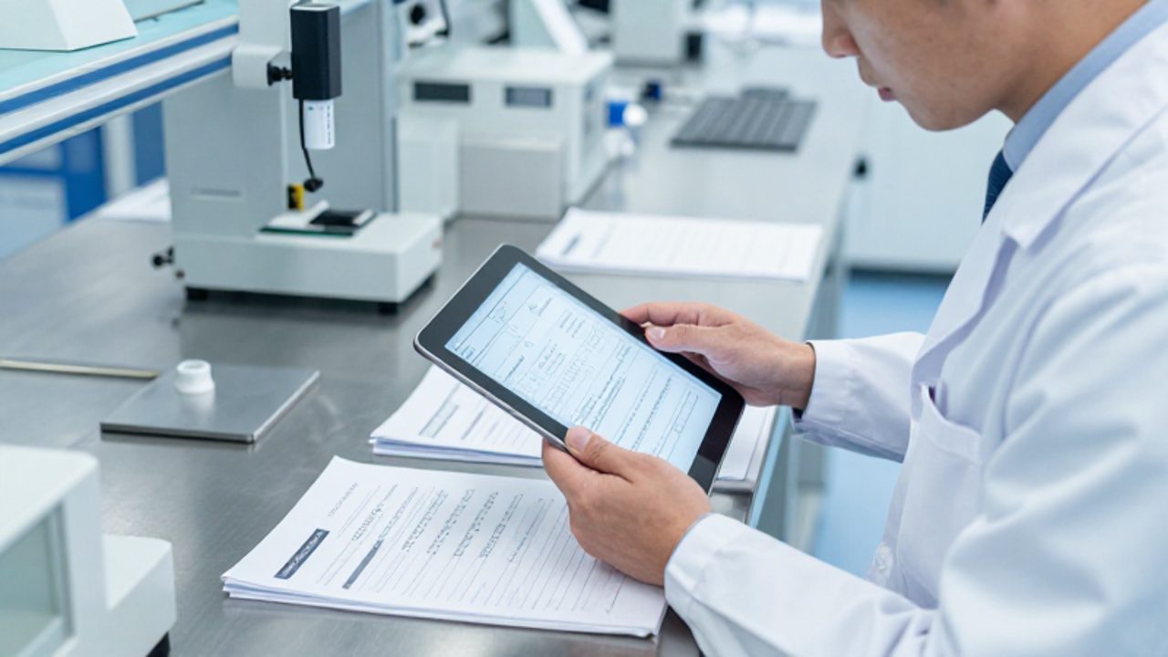 Especialista en control de calidad revisando informes técnicos y una tableta digital en un laboratorio industrial moderno.