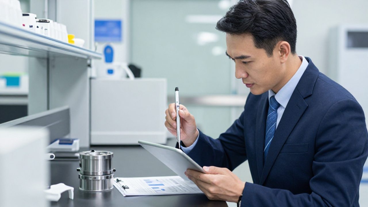 Un gestor de calidad inspecciona una pieza industrial y un informe técnico utilizando una tableta digital en un laboratorio moderno.