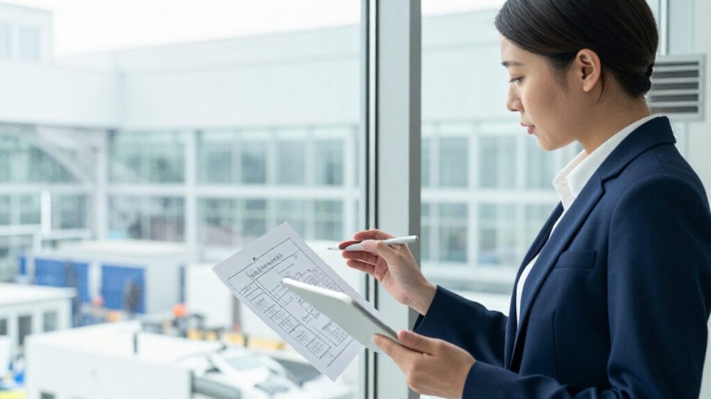 Una gestora de calidad analiza un informe técnico y una tableta en una oficina industrial moderna con vistas a una planta de fabricación.