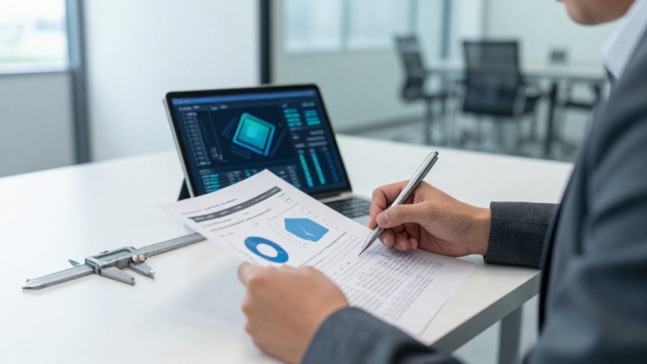 Un experto en gestión de calidad revisa informes técnicos y gráficos detallados junto a un calibrador digital sobre un escritorio de oficina.