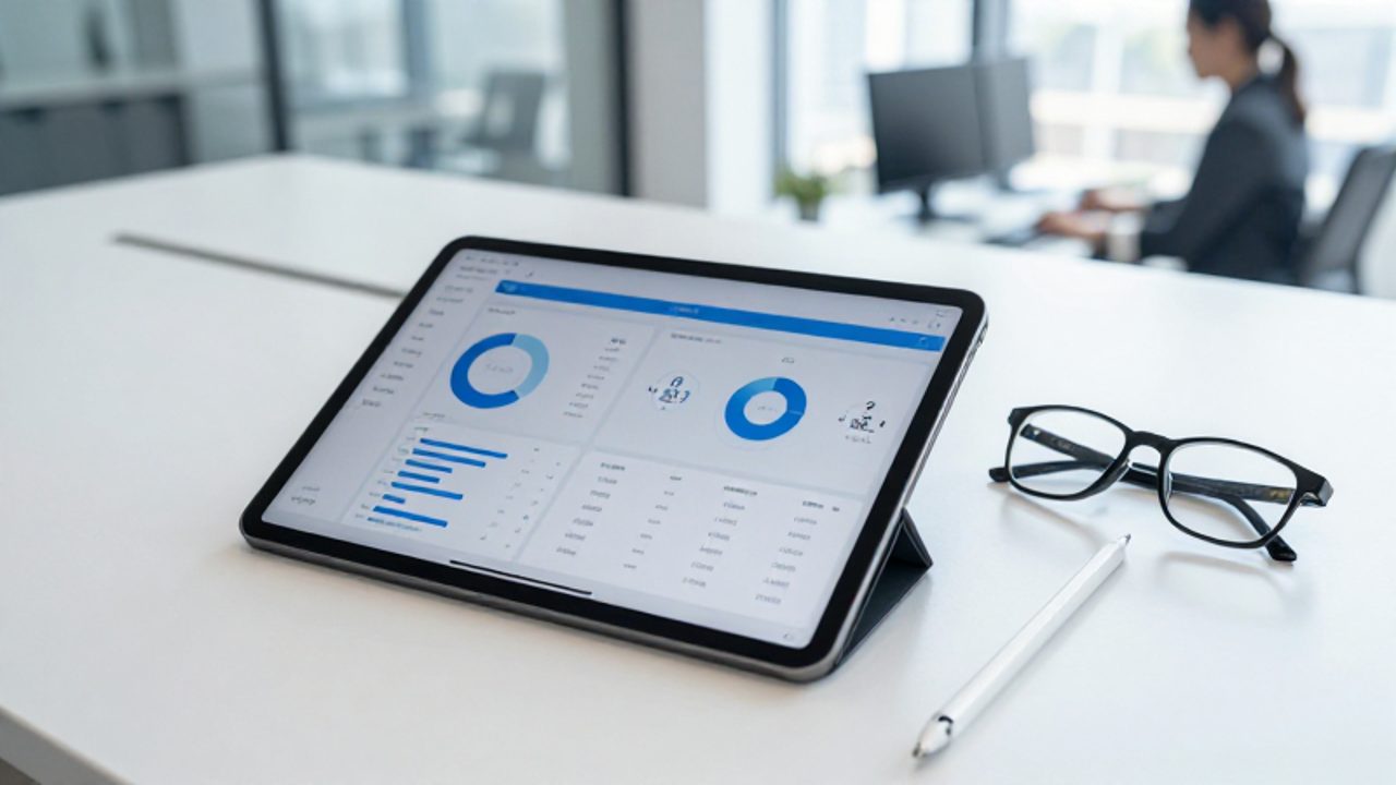 Tablet con gráficos de métricas de satisfacción al cliente sobre un escritorio de oficina moderno.