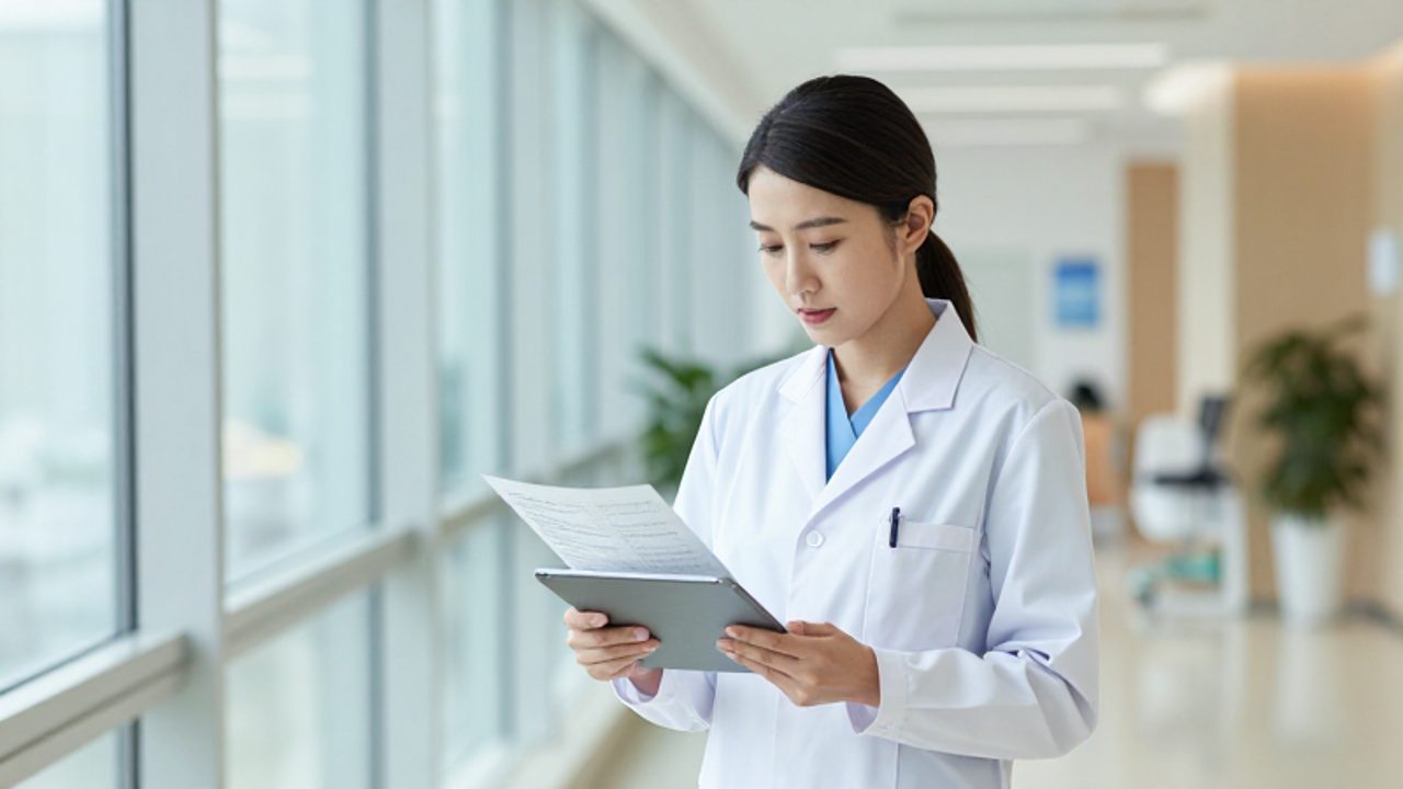 Auditora de salud revisando documentos y una tableta digital en un pasillo de un hospital moderno.