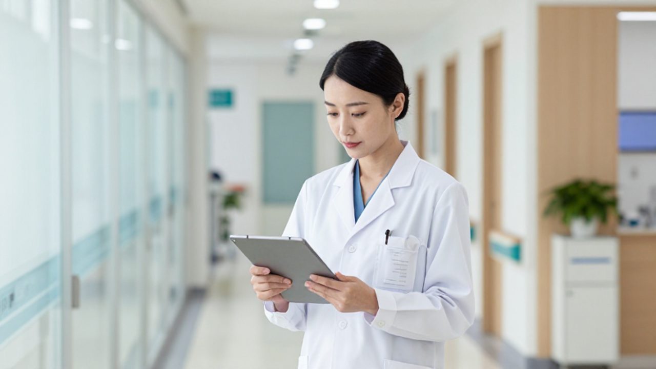 Administradora de salud con bata blanca revisa una tablet y una lista de verificación de calidad en un pasillo de hospital moderno.