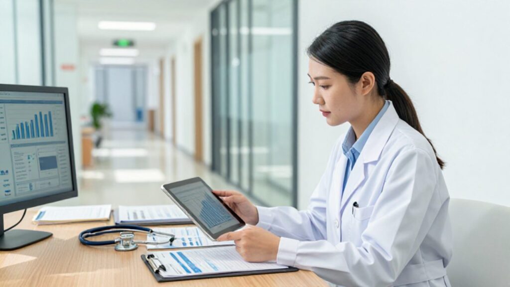 Administradora de salud revisa métricas y gráficos de desempeño clínico en una tableta dentro de una oficina hospitalaria moderna.