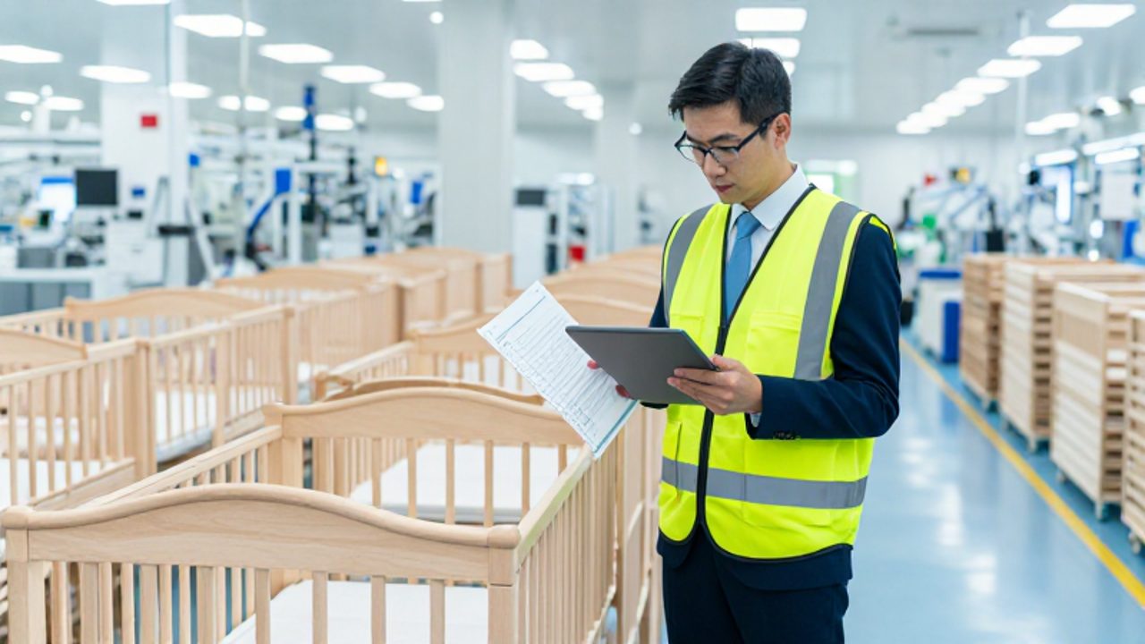 Un inspector de calidad revisa una lista de verificación y una tableta junto a una cuna de madera recién fabricada en una planta de producción moderna.