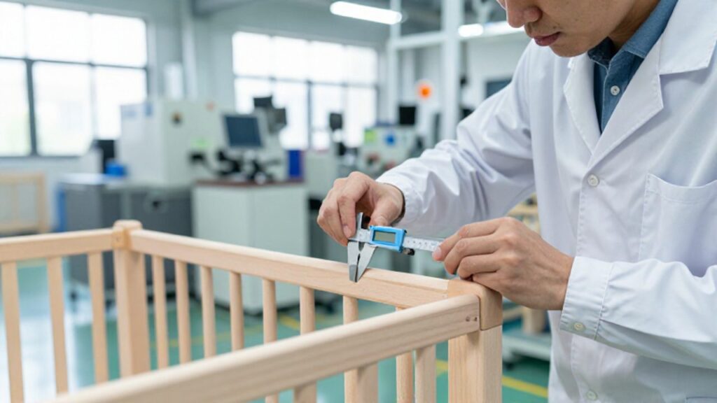 Inspector de calidad mide con un calibrador digital los listones de una cuna de madera en una fábrica moderna.