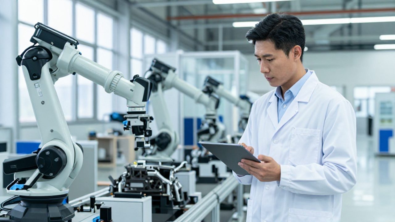 Un gerente de control de calidad supervisa una línea de ensamblaje robótica con una tableta digital en una moderna planta de fabricación automotriz.