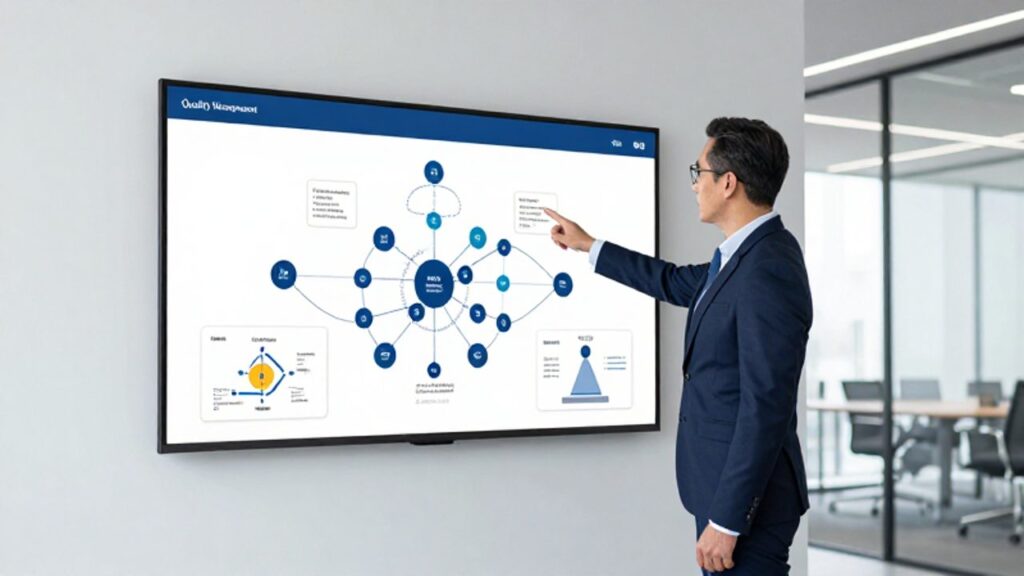 Un gestor de calidad interactúa con un mapa visual dinámico de procesos en una pantalla táctil dentro de una oficina moderna.