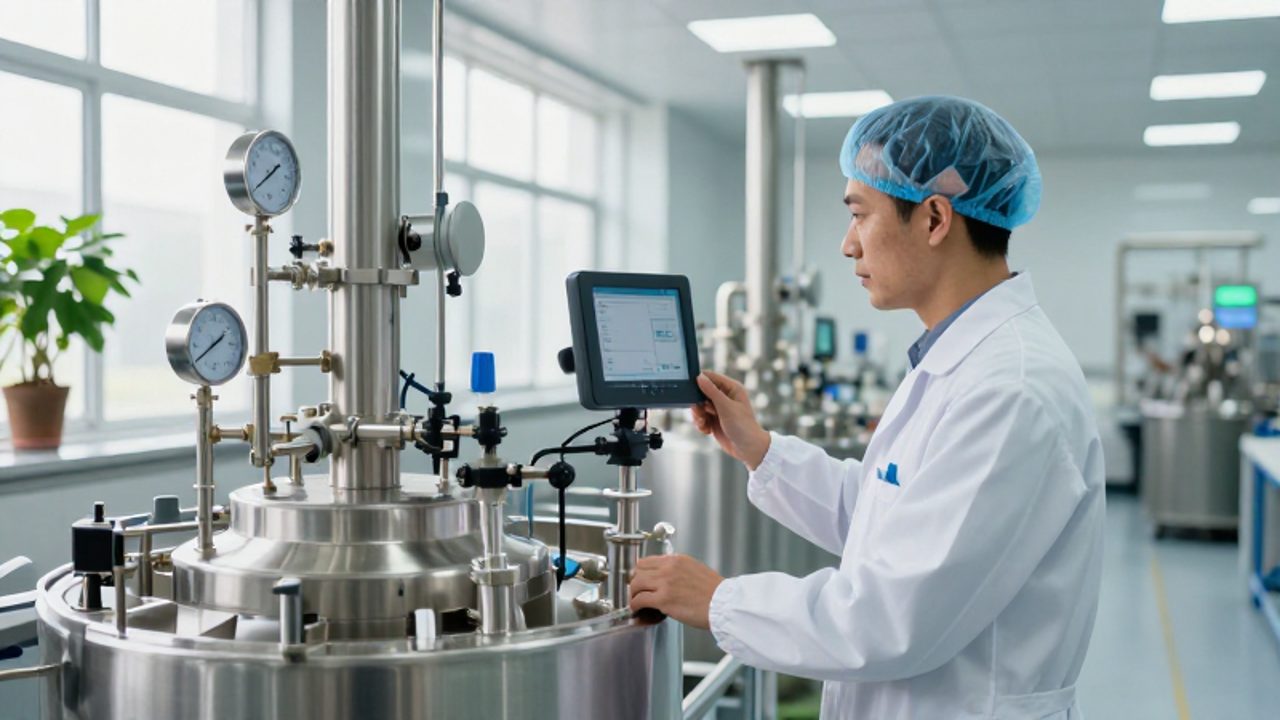 Un técnico especializado inspecciona un sistema digital de filtración de agua mediante tuberías de acero inoxidable en una planta de procesamiento de alimentos moderna y limpia.