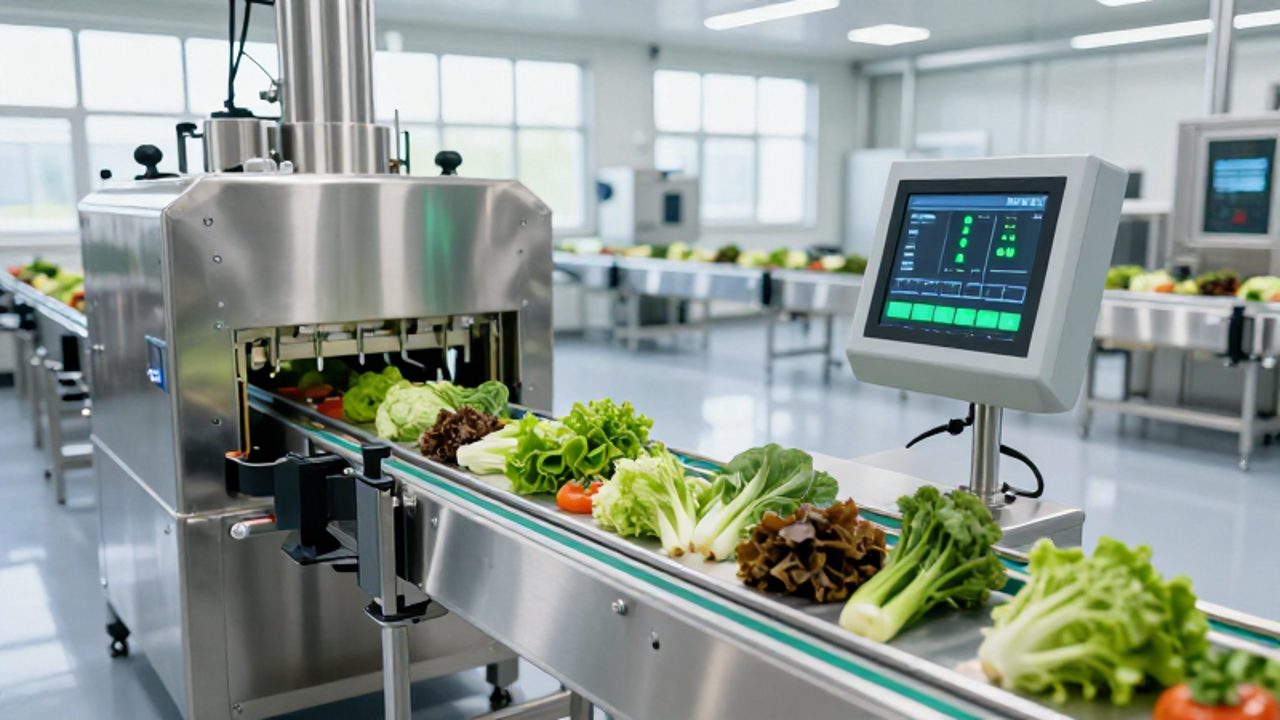 Línea de producción de alimentos con maquinaria de acero inoxidable y sensores automáticos que procesan productos frescos en una planta industrial moderna.