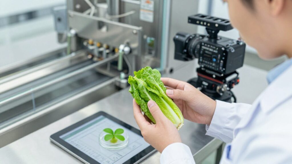 Un técnico de control de calidad inspecciona productos orgánicos en una planta de procesamiento moderna con maquinaria de acero inoxidable y un pequeño brote verde sobre la mesa.