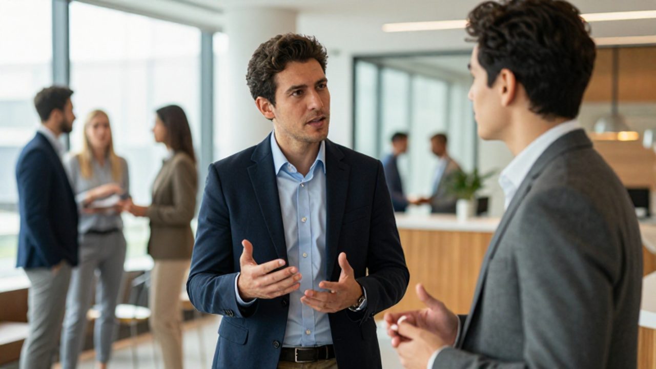 Dos profesionales conversan animadamente en un evento de networking dentro de un salón corporativo moderno.