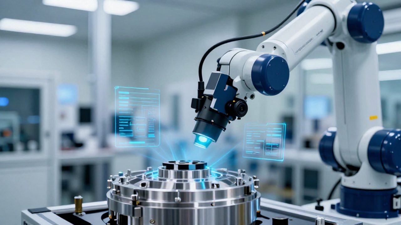 Brazo robótico y sensor industrial analizan una pieza metálica en una fábrica moderna con capas de datos holográficos que simbolizan el análisis predictivo.