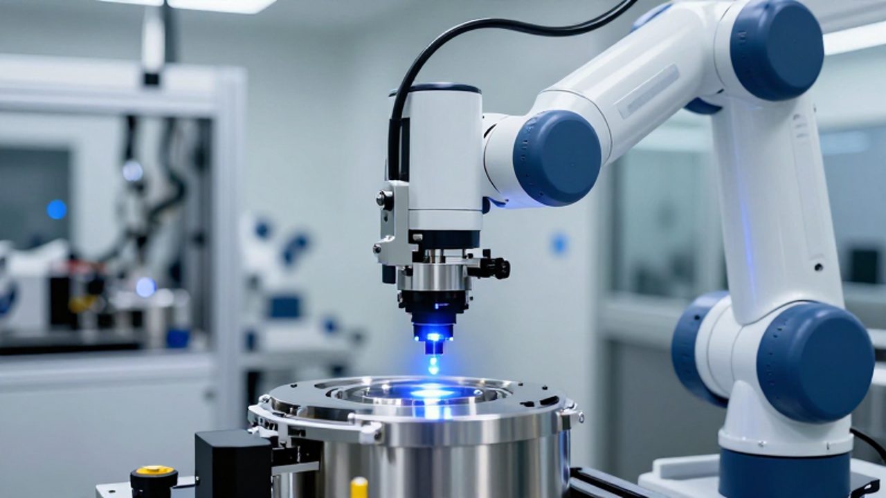 Brazo robótico con sensores ópticos realizando una inspección de precisión sobre un componente metálico en una planta de fabricación automatizada.
