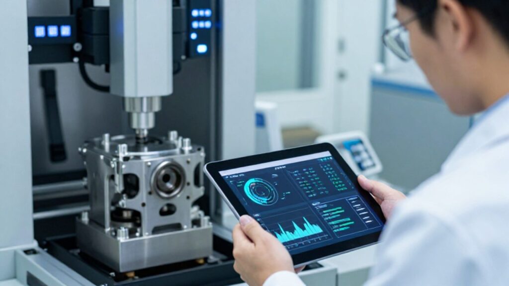 Ingeniero de control de calidad inspecciona una pieza mecánica con una tableta digital en una planta de fabricación automatizada.