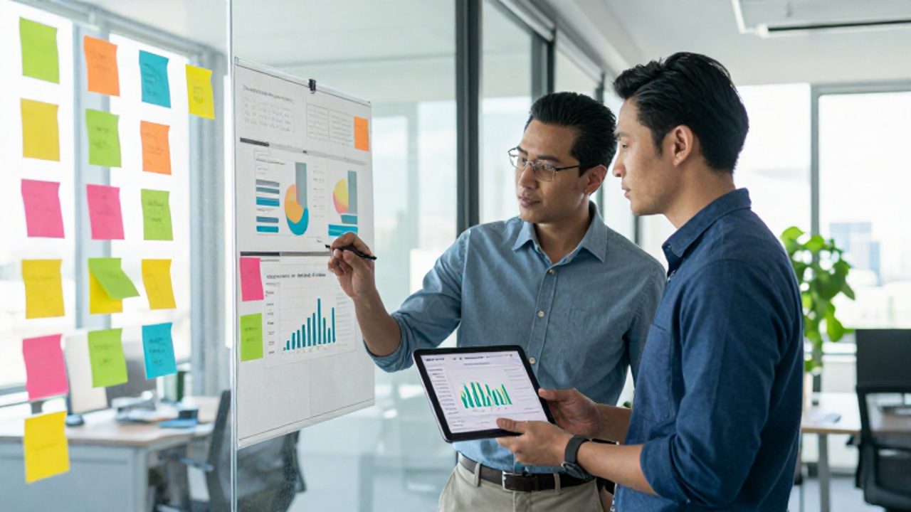 Un Scrum Master y una analista de calidad revisan métricas y gráficos en una tableta frente a un tablero Kanban con notas adhesivas.