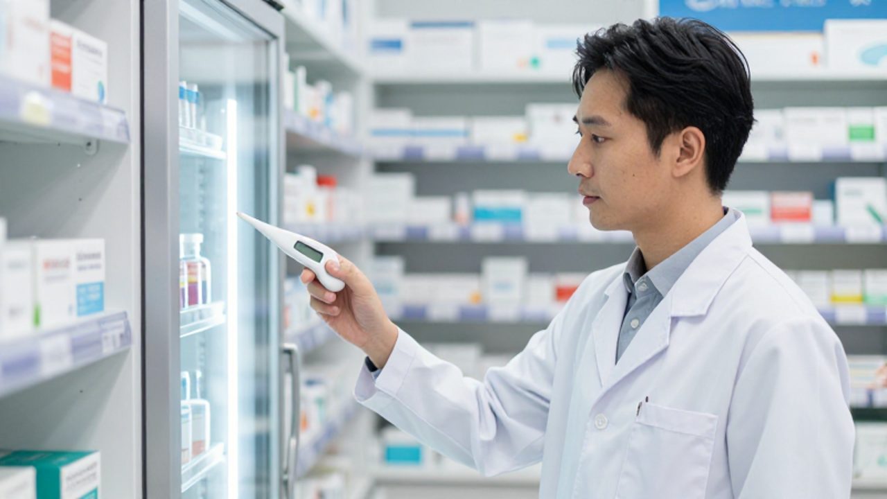 Farmacéutico con bata blanca verifica la temperatura de una nevera de medicamentos en un área de almacenamiento organizada y estéril.