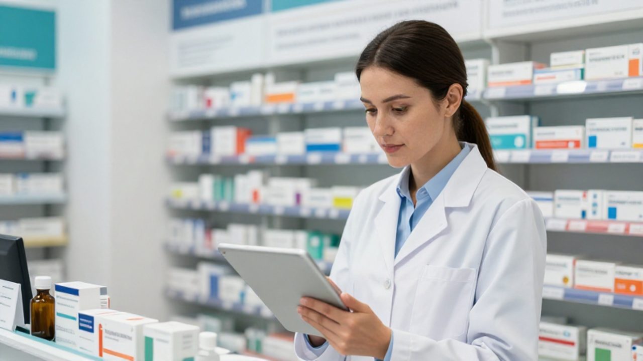 Farmacéutico revisando documentación y una tableta digital en una droguería moderna y organizada.