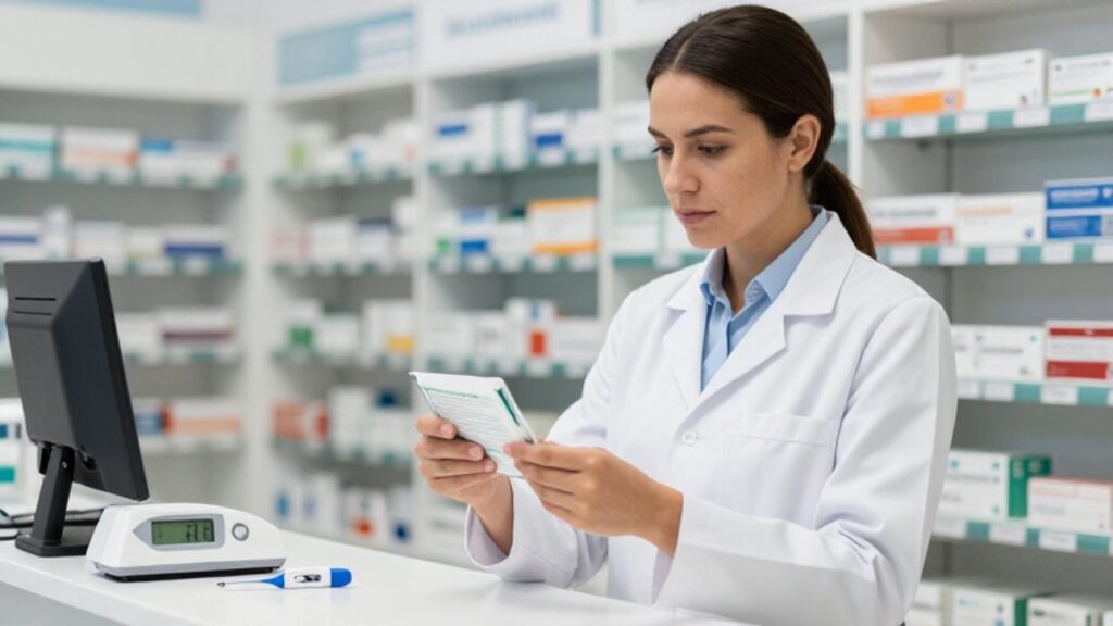 Farmacéutico con bata blanca inspecciona un paquete de medicamentos en una farmacia organizada, con un termómetro digital en primer plano para supervisar el control de temperatura.
