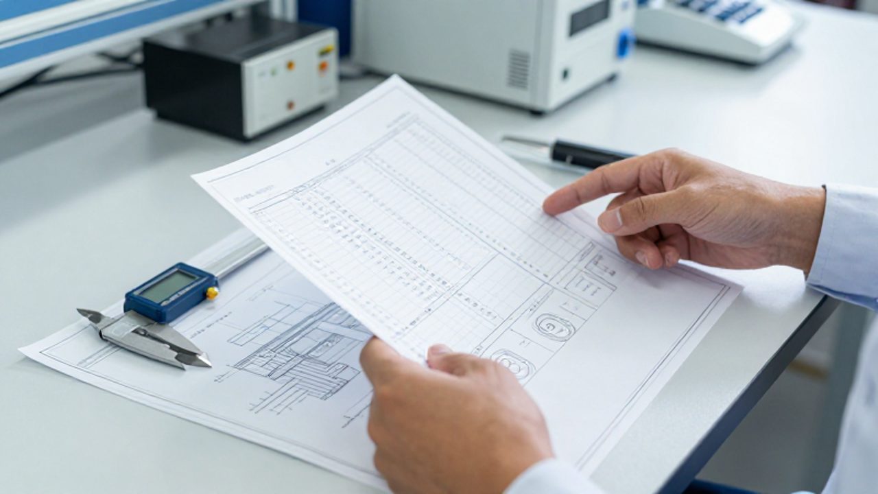 Un ingeniero de control de calidad revisa documentos técnicos y planos sobre una estación de trabajo industrial junto a un calibrador digital.