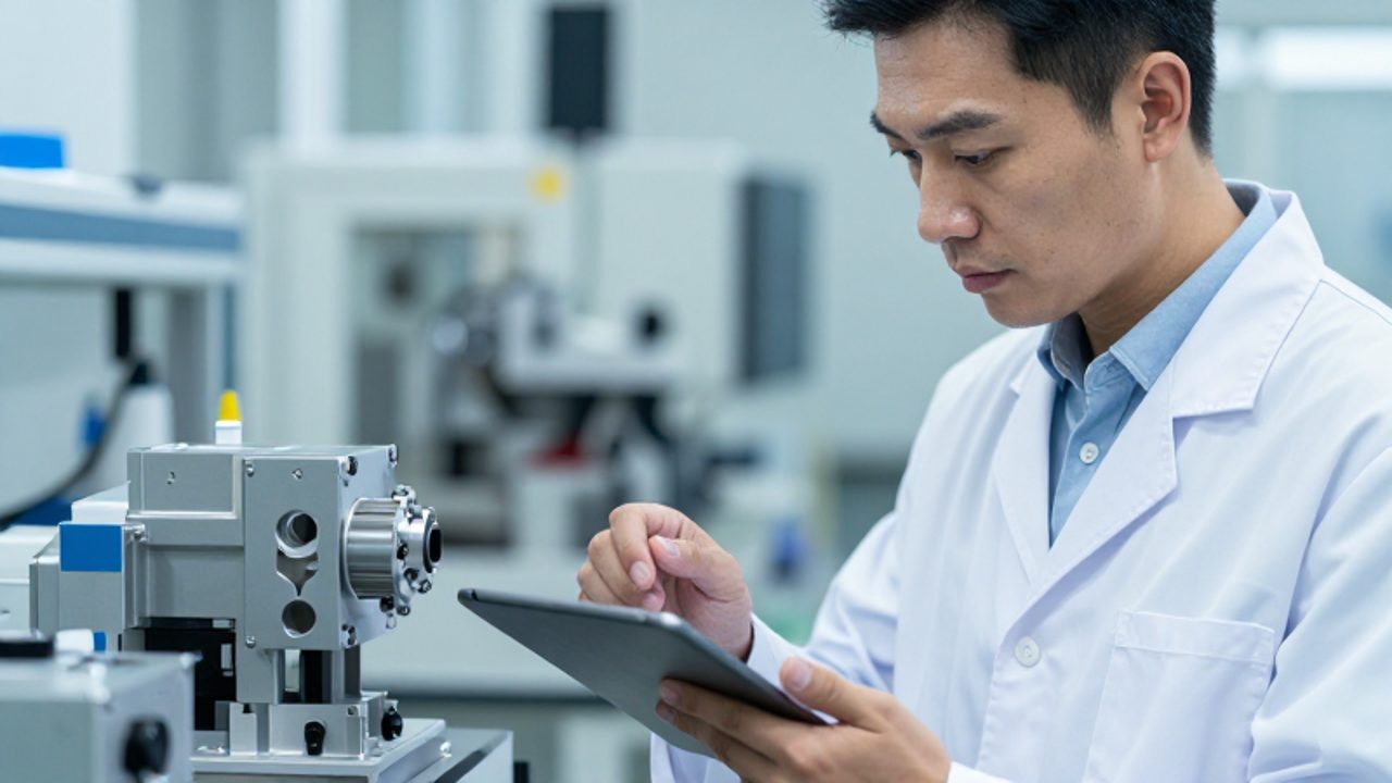 Un inspector de calidad examina una pieza mecánica junto a una tableta digital en una planta de fabricación moderna.