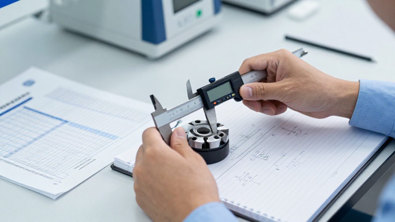 Un ingeniero mide una pieza mecánica con un calibrador digital sobre un banco de trabajo junto a un manual técnico y un cuaderno con diagramas de Six Sigma.