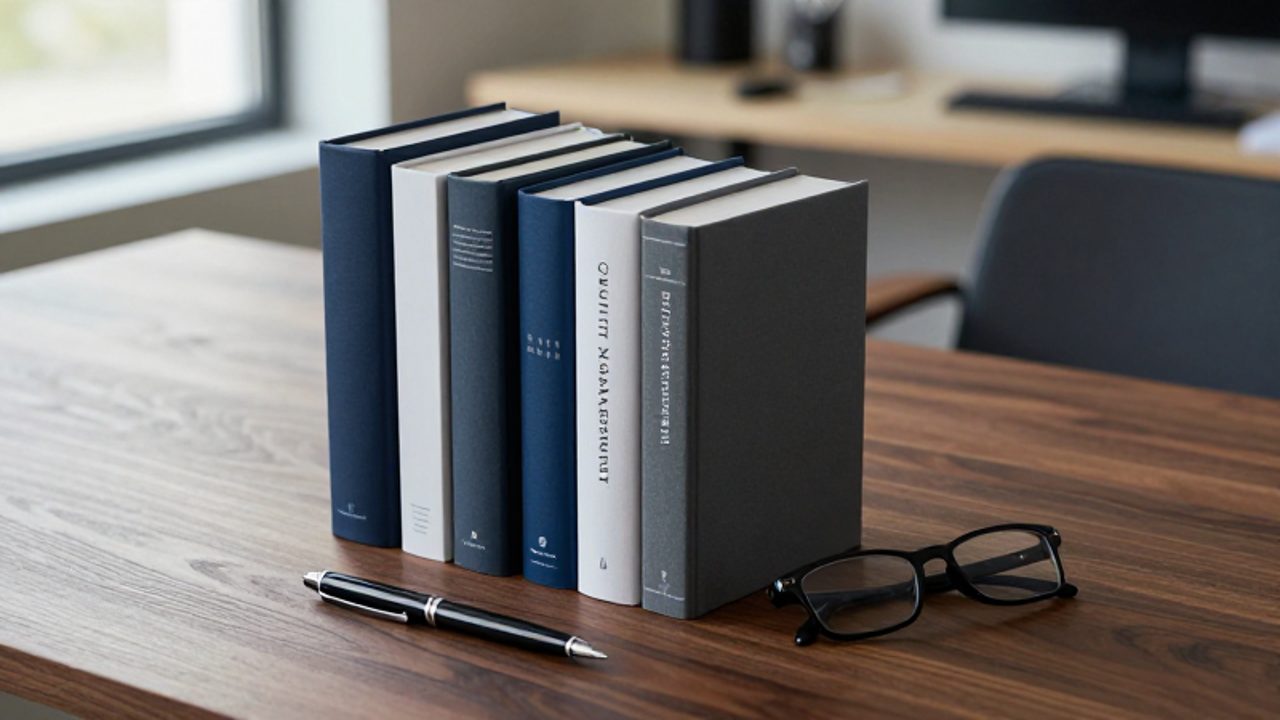 Selección de libros de tapa dura junto a una pluma y gafas sobre un escritorio de madera, sugiriendo un espacio de estudio profesional.