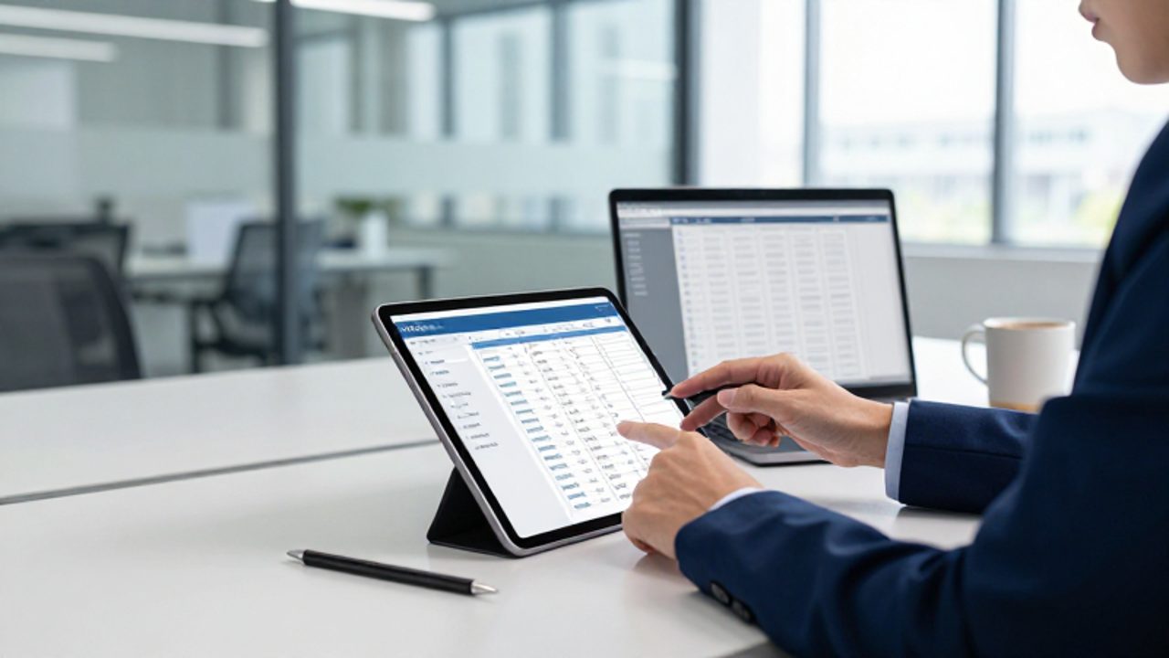 Auditor revisa listas de verificación digitales en una tableta y un ordenador portátil en una oficina corporativa moderna.