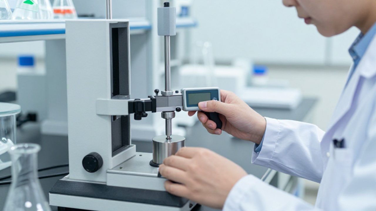 Técnico de laboratorio realizando una medición de precisión con un micrómetro digital sobre un componente metálico en un entorno controlado.