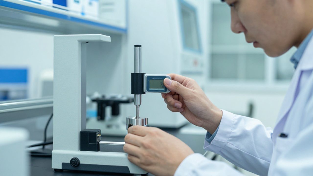 Técnico de laboratorio realiza una calibración de precisión con un micrómetro digital sobre un componente metálico en un entorno profesional.