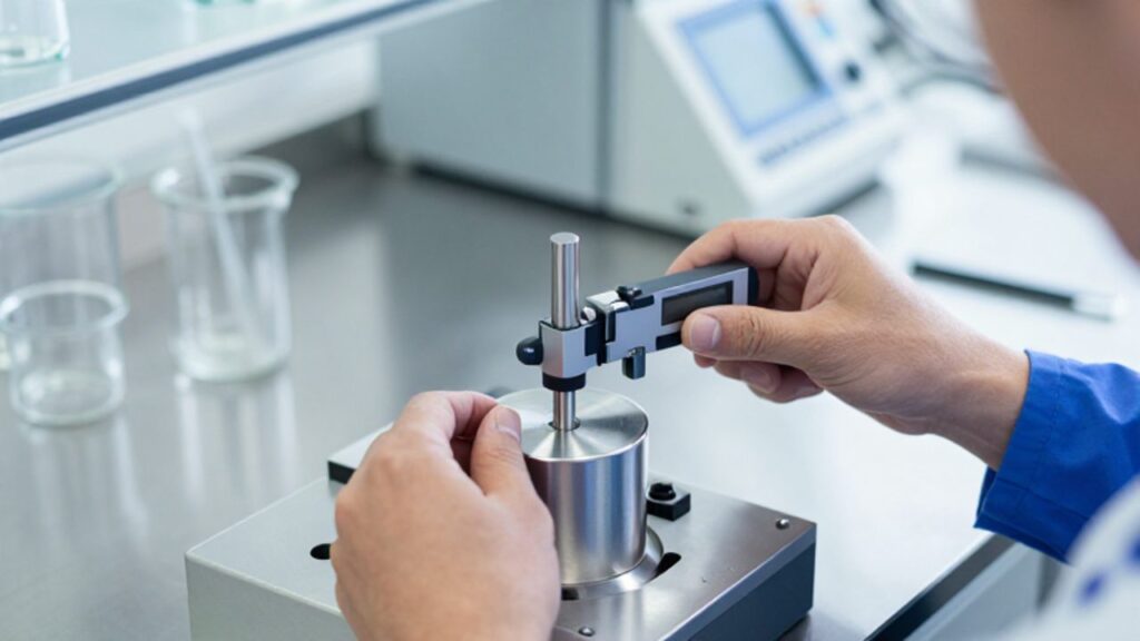 Un técnico realiza una medición de precisión con un micrómetro digital sobre una pieza metálica en un laboratorio de calibración.