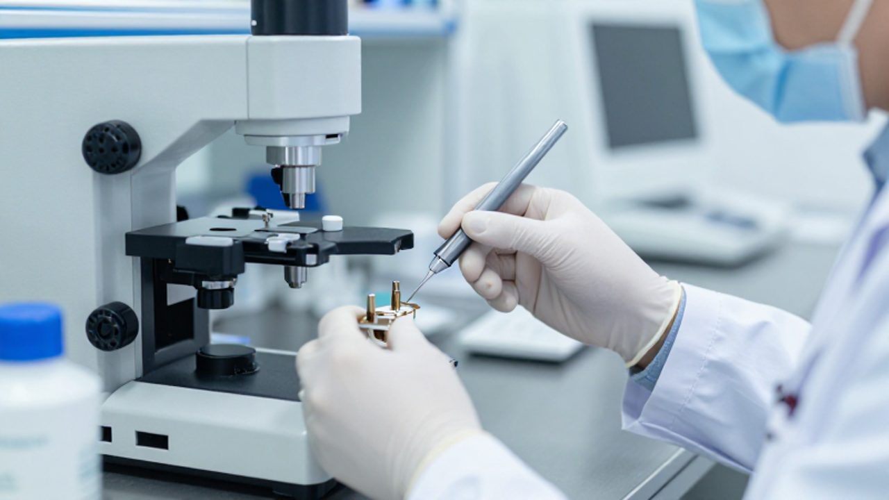Técnico de laboratorio realiza una calibración de precisión con instrumentos de medición en un entorno de trabajo moderno y tecnológico.