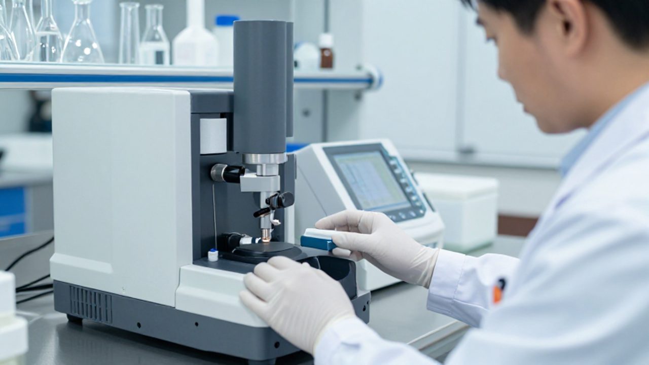 Un técnico de laboratorio con bata y guantes realiza la calibración de un instrumento analítico digital en un entorno científico moderno y limpio.