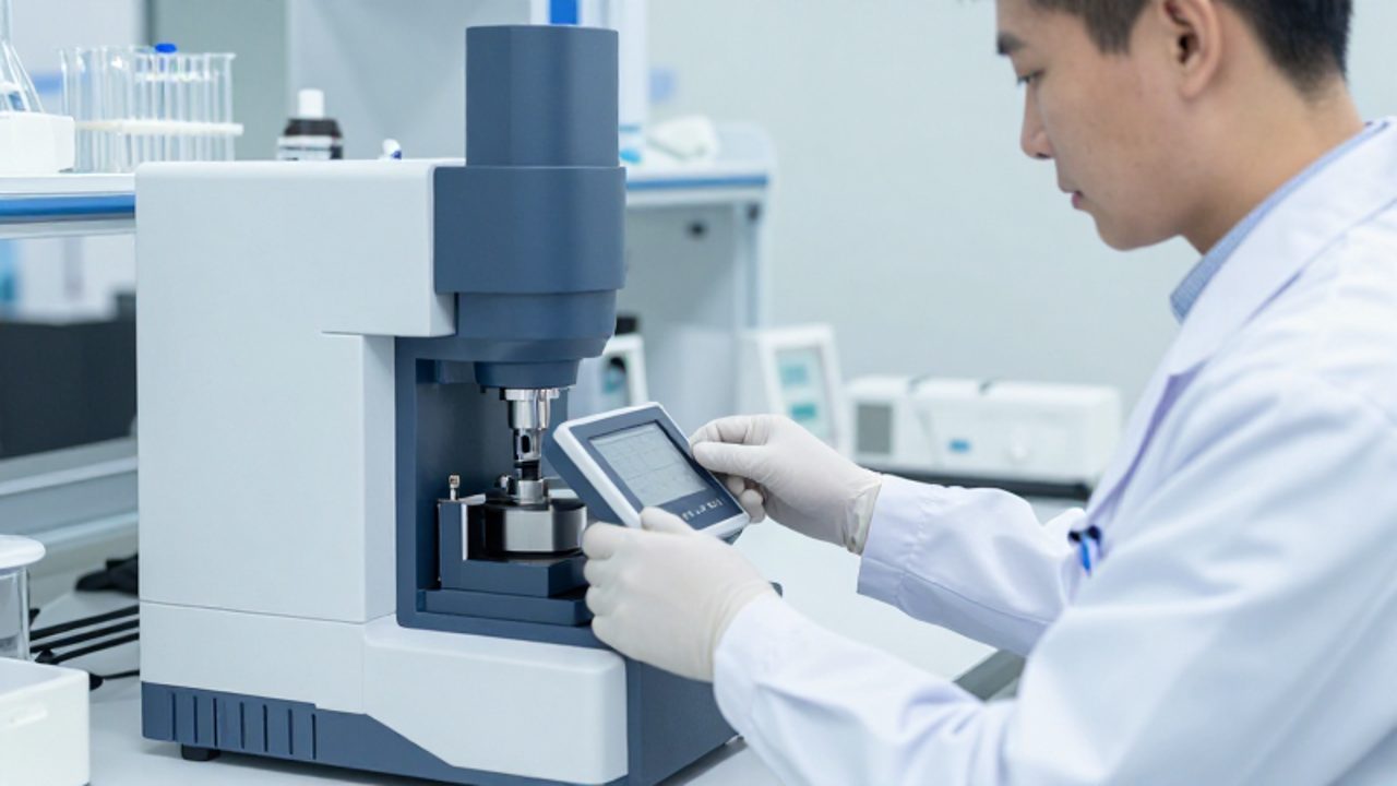 Técnico de laboratorio con equipo de protección realiza la calibración de un instrumento analítico de alta precisión en un entorno clínico y organizado.